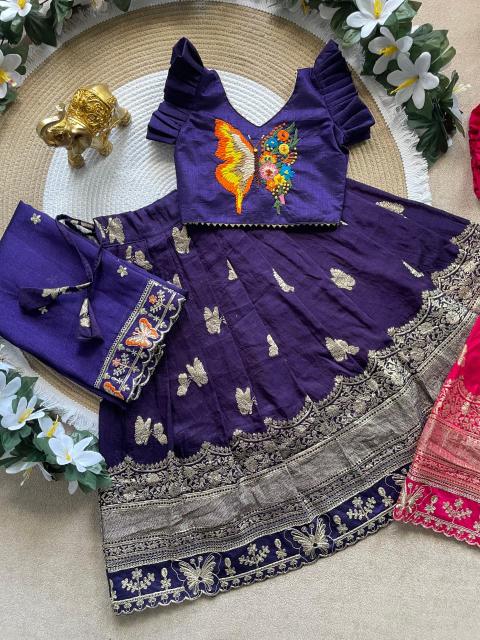 Butterfly Buff Lehengha-Choli Dupatta Vichitra Silk Purple Cheap kids wear supplier in Kolkata - wholesale export